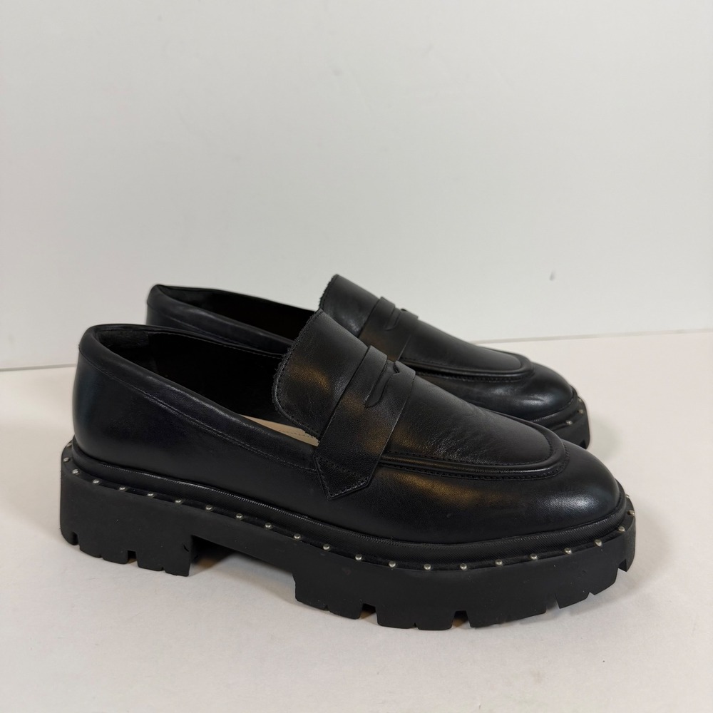 Schutz Black Chunky Lug Sole Slip-on Loafers 8B Leather Platform Studded